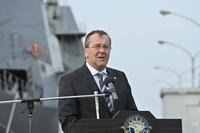 German Defense Minister Boris Pistorius speaks, along with Japanese Defense Minister Shinjiro Koizumi, during the joint press statement at the Japan Maritime Self-Defense Force (JMSDF) Yokosuka Naval Base on Sunday March 22, 2026, in Yokosuka, near Tokyo.(David Mareuil/Pool Photo via AP)